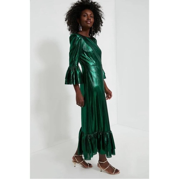 Pomander Place Tuckernuck Emerald Crinkle Lurex Lillith Dress Size L - Picture 2 of 5